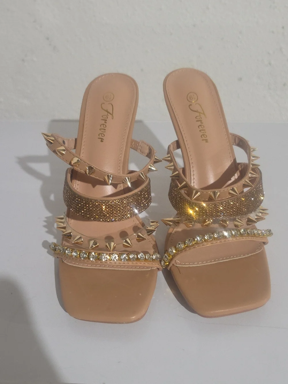 Forever 21 Nude and Gold Studded Rhinestone Heeled Slides